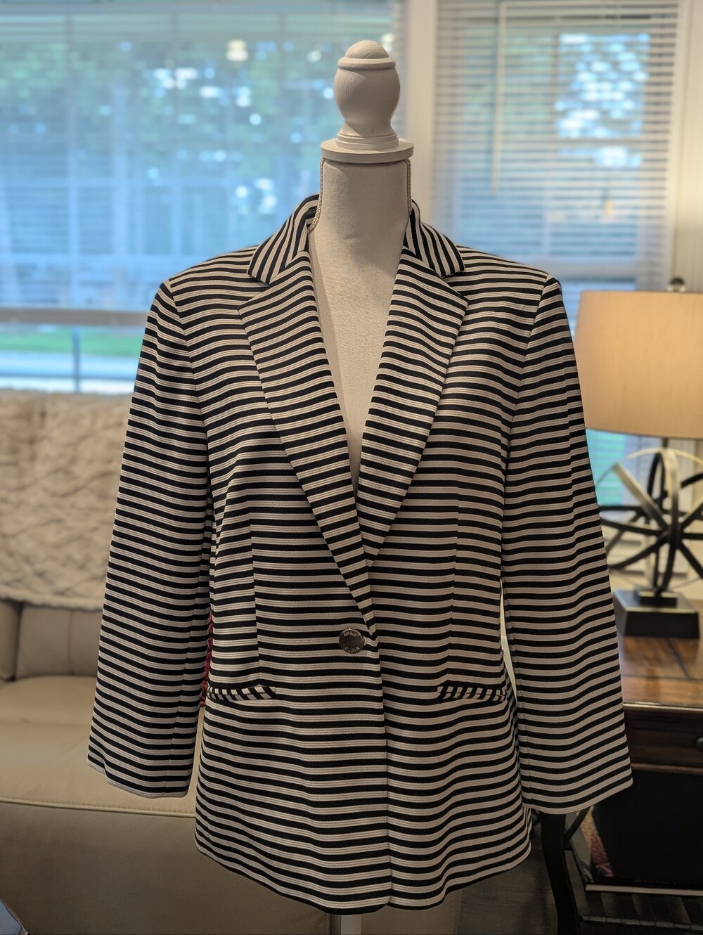 Anne Klein Black & White Striped One Button Blazer Jacket M Medium NWOT